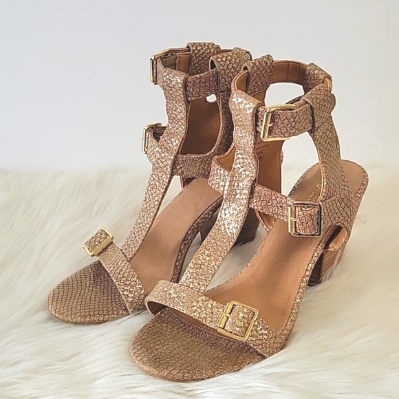 Seychelles Electro metallic gold leather stacked hell sandals women's si… - Picture 3 of 15